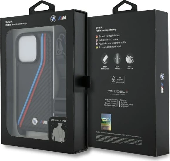 Mbështjellës BMW M Edition Carbon Tricolor Lines me rrip, për iPhone 16 Pro, i zi