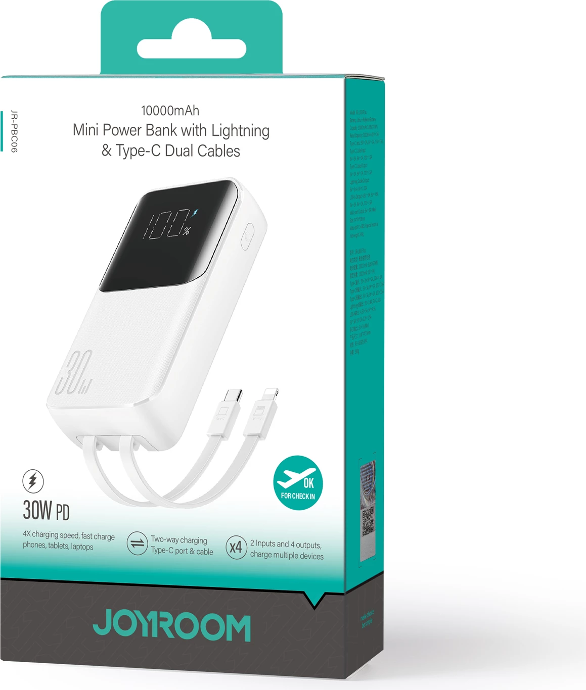 Powerbank Joyroom JR-PBC06, 10000mAh, 30W, me kabllo të integruara, Bardhë