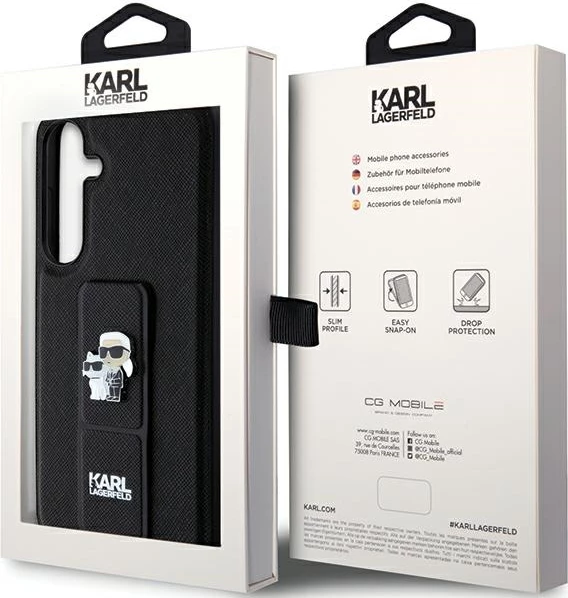 Mbështjellës Karl Lagerfeld Gripstand Saffiano Karl&Choupette Pins për Samsung Galaxy S24+, i zi