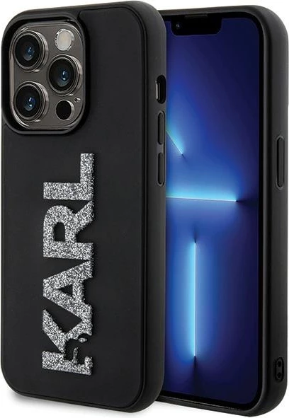 Mbështjellës Karl Lagerfeld 3D Rubber Glitter Logo për iPhone 15 Pro, i zi