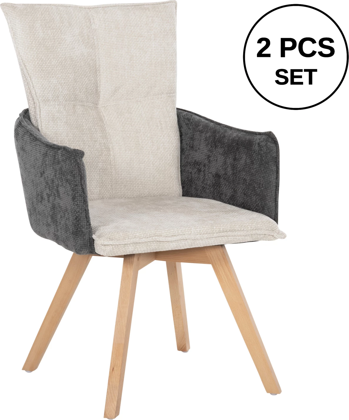 Karrige ngrënieje me krahë REX, FH9847.04, pëlhurë bezhë-gri, këmbë druri ahu, 53x60x93 cm, set prej 2 copë