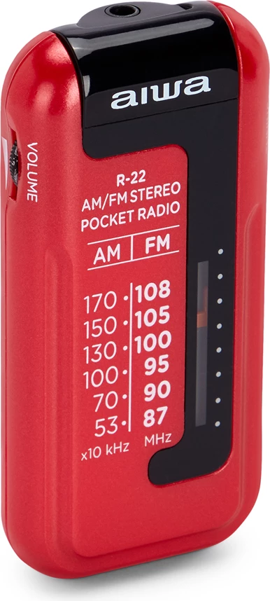 Radio xhepi AM/FM, Aiwa R-22, HyperBASS, tunim analog ETS, me kufje in-ear, e kuqe, set me bateri AAA