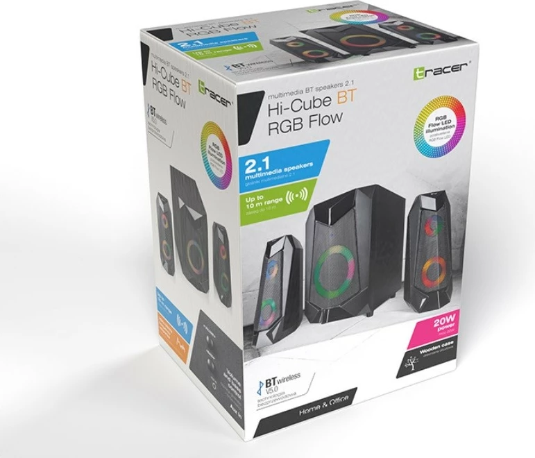 Set altoparlantësh Tracer Hi-Cube RGB 2.1 me Bluetooth, i zi