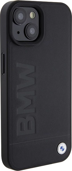 Mbështjellës BMW Leather Hot Stamp për iPhone 15 Plus, e zezë