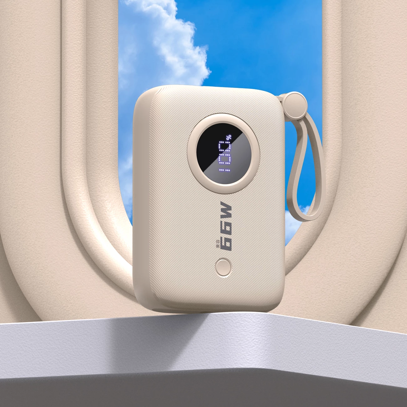 Power bank, Dudao K14, 10000 mAh, me kabllo USB-C/Lightning të integruara, PD/QC 22.5W, me ekran, bezhë