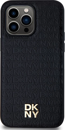Mbështjellës DKNY Leather Pattern Metal Logo MagSafe për iPhone 14 Pro, i zi