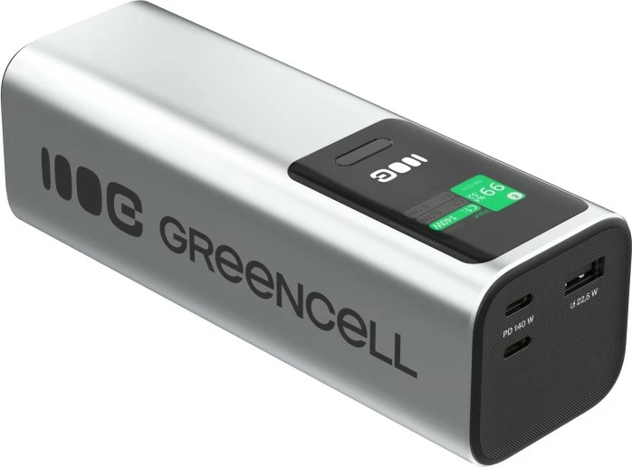 Powerbank, Green Cell, PowerPlay Ultra PBGC25UD, 25200mAh 140W PD, USB-C/USB-A, ekran LCD, argjendtë/zezë, me futrollë dhe kabllo C-C 140W
