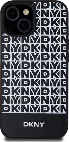 Mbështjellës DKNY Leather Printed Pattern Metal Logo MagSafe për iPhone 15/14/13, i zi