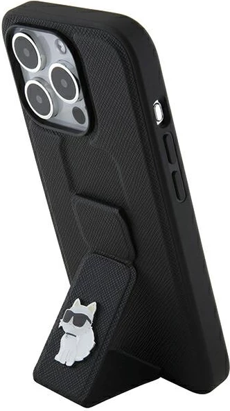 Mbështjellës Karl Lagerfeld Gripstand Saffiano Choupette Pins për iPhone 14 Pro Max, i zi