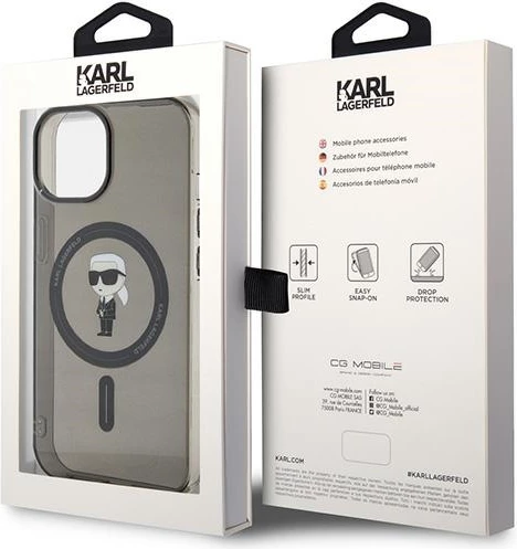 Mbështjellës Karl Lagerfeld IML Ikonik MagSafe për iPhone 15, i zi