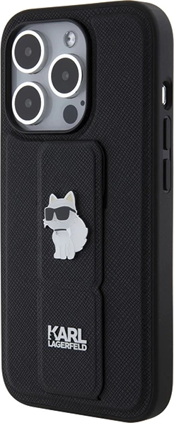 Mbështjellës Karl Lagerfeld Gripstand Saffiano Choupette Pins për iPhone 15 Pro, i zi