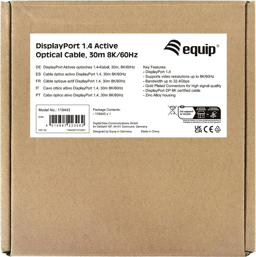 Kabllo optike aktive DisplayPort 1.4 Equip, 30m, 8K/60Hz, e zezë