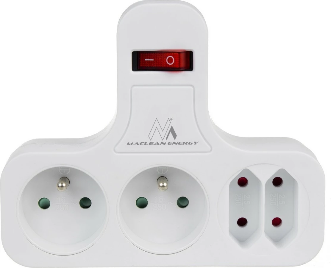 Prizë shumëfishuese murale me Switch, Maclean, MCE224E, 4 dalje (2x16A Type E + 2x2.5A Type C), pa kabllo, e bardhë