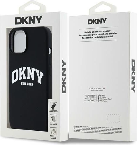Mbështjellës DKNY Liquid Silicone me logo të bardhë, MagSafe, për iPhone 15 / 14 / 13, i zi