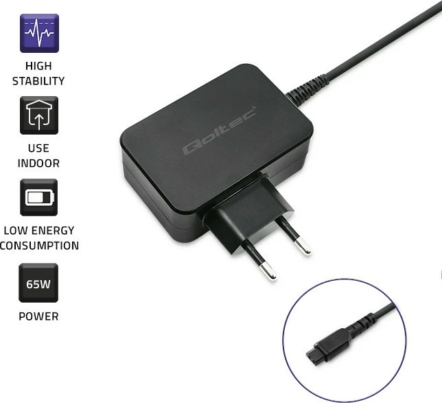 Adapter universal energjie Qoltec 52414, 65W, 10 konektorë, i zi