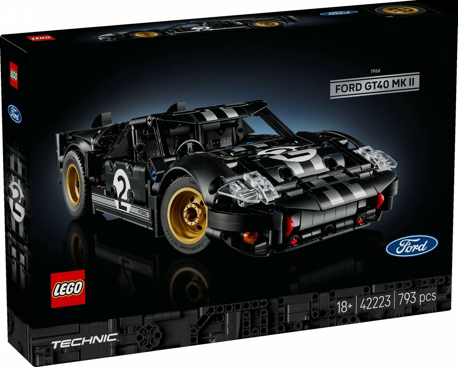Set ndërtimi, LEGO Technic, 1966 Ford GT40 MK II 42223, 793 copë 18+, e zezë me shirita argjendi