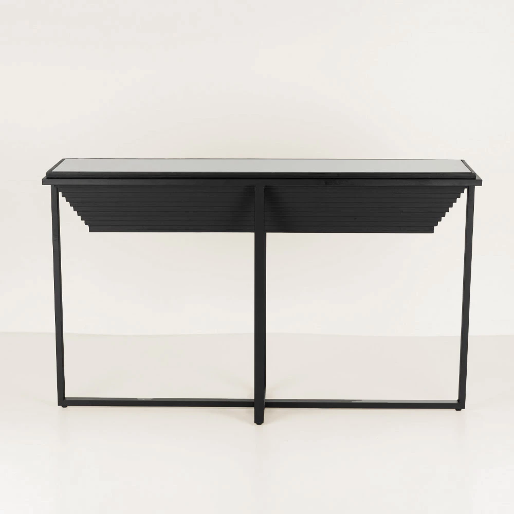 Konsol Cheops, dru bredhi, xham i zi, metal, 134x32x82cm