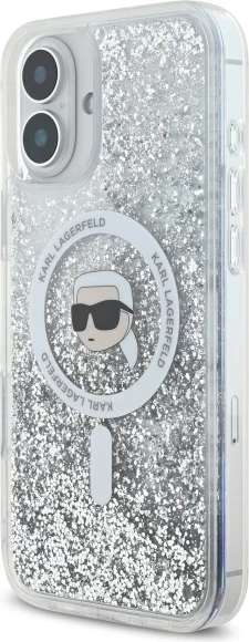 Mbështjellës Karl Lagerfeld Liquid Glitter Karl Head MagSafe për iPhone 16 Plus, Transparent