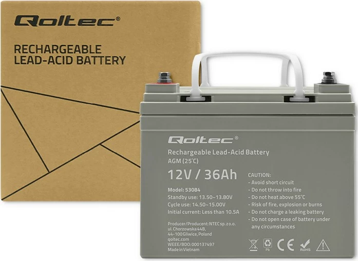 Bateri AGM Qoltec 53084, 12V, 36Ah, Gri