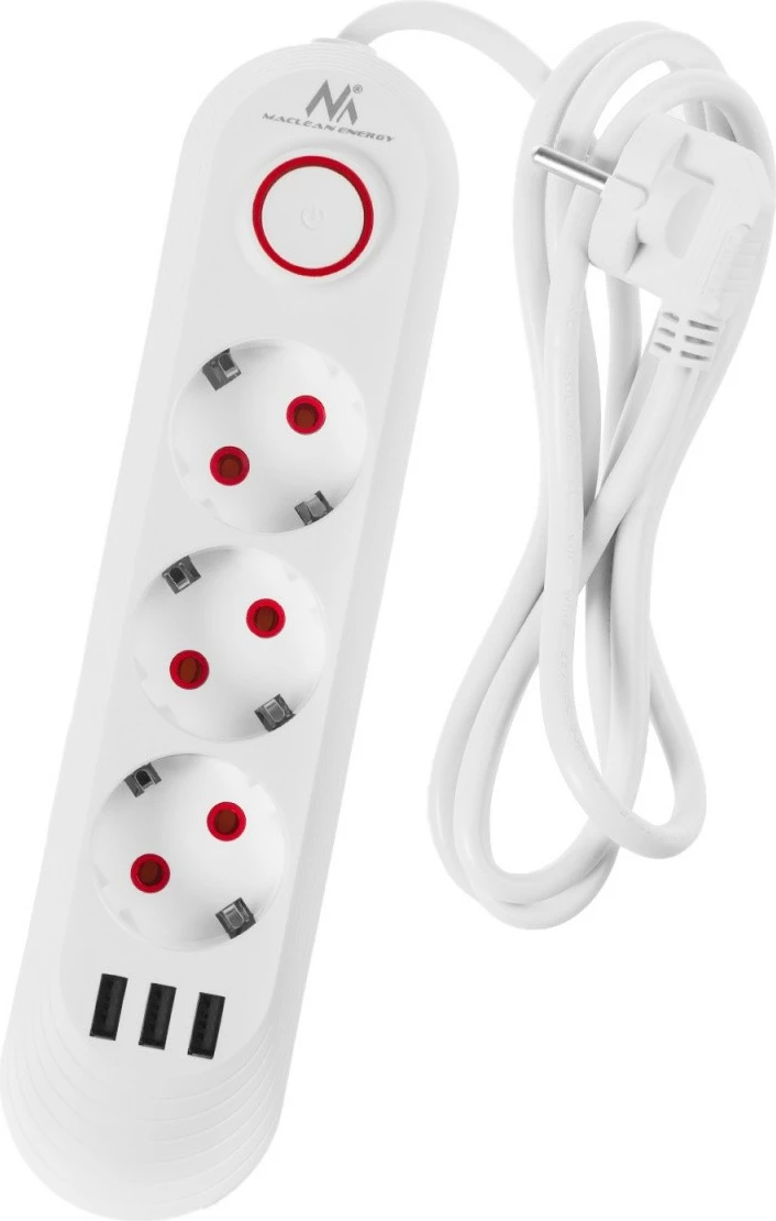 zgjatës elektrik, Maclean, MCE394 W, 3x Schuko + 3x USB, kabllo 1.5 m, 2500 W, 110-240V 50/60Hz, çelës ON/OFF, i bardhë
