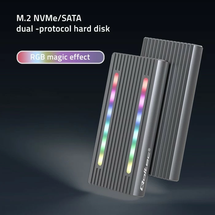 Kasë Qoltec 52272 për SSD M.2 NVMe/SATA, USB-C, 4TB, Gri me RGB LED