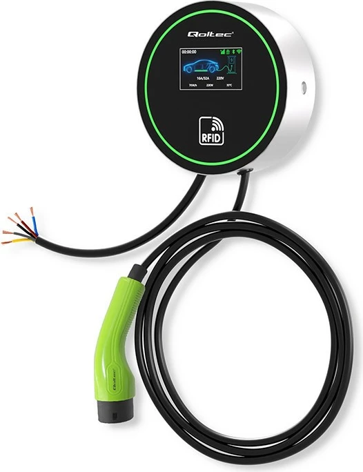 Stacion karikimi për makina elektrike Qoltec 52432, Type 2, 22kW, 3-fazor, Wi-Fi, LCD, RFID, 5m, zi/gjelbër