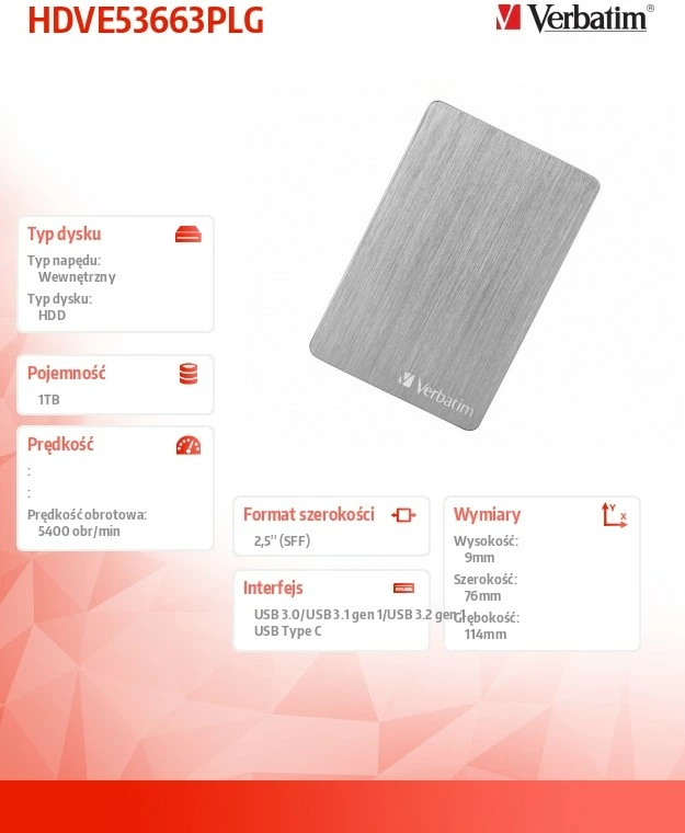 Hard disk ekstern Verbatim Store n Go ALU Slim HDVE53663PLG 1TB USB 3.0/USB-C alumin, set me kabllo Micro-B USB-A + adapter USB-A në USB-C