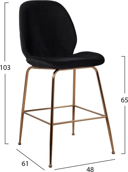 Karrige për bar Nora, kadife e zezë & kornizë metalike e artë, FH8524.04, 48x61x103 cm, set prej 2 copë