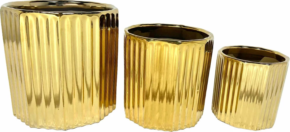 Set vazo dekorative prej qeramike, ngjyrë ari, 3 copë, 18x18x18 cm