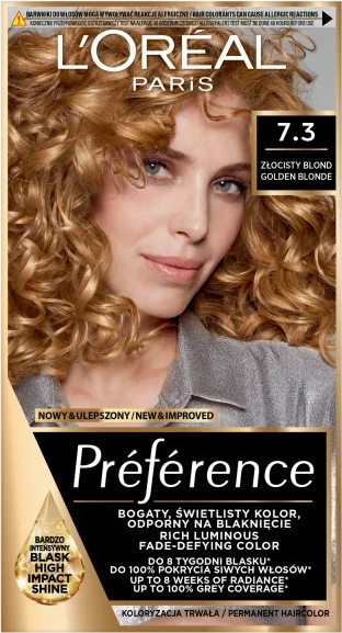 Ngjyrë për flokë L'Oreal Paris Préférence 7.3 Golden Blonde për femra, 1 art