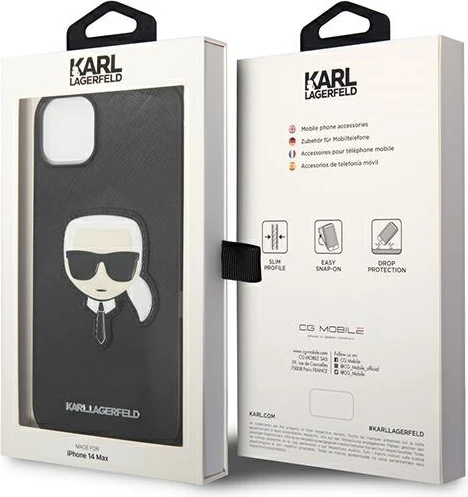 Mbështjellës Karl Lagerfeld KLHCP14MSAPKHK për iPhone 14 Plus 6.7", hardcase, Saffiano Karl's Head Patch, i zi