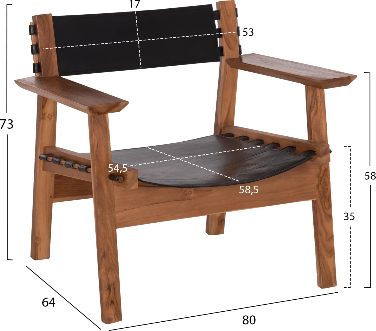 Karrige e ulët KONNA, dru tik, lëkurë e zezë, 80x64x73 cm