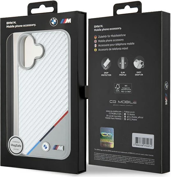 Mbështjellës BMW M Carbon Tricolor Line MagSafe për iPhone 16, Gri