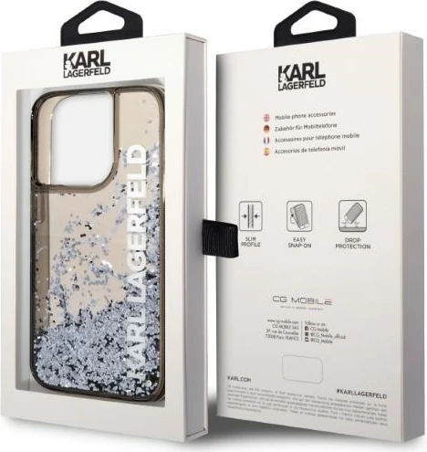 Mbështjellës Karl Lagerfeld Liquid Glitter Elong për iPhone 14 Pro, i zi