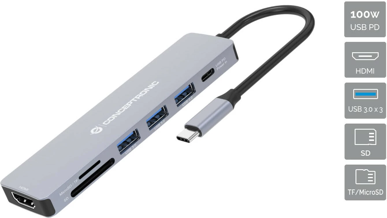 Stacion dokimi Conceptronic 7-1, USB-C në HDMI/3xUSB-A/SD/TF, 25cm, gri