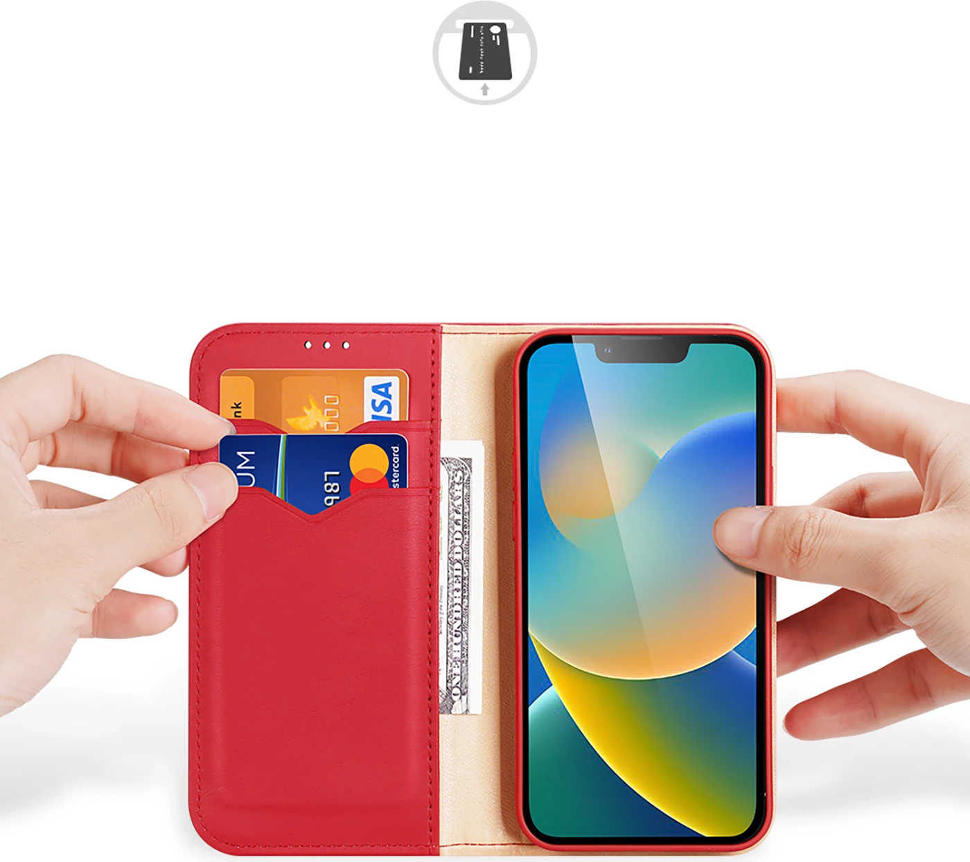 Mbështjellës Dux Ducis Hivo për iPhone 14 Plus, lëkurë natyrale, me xhepa dhe mbrojtje RFID, Kuq