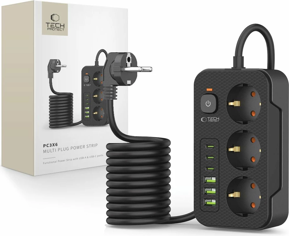 Prizë shumëfunksionale Tech-Protect PC3X6 me 3 shtekerë, 3xUSB-A, 3xUSB-C, 200cm, e zezë