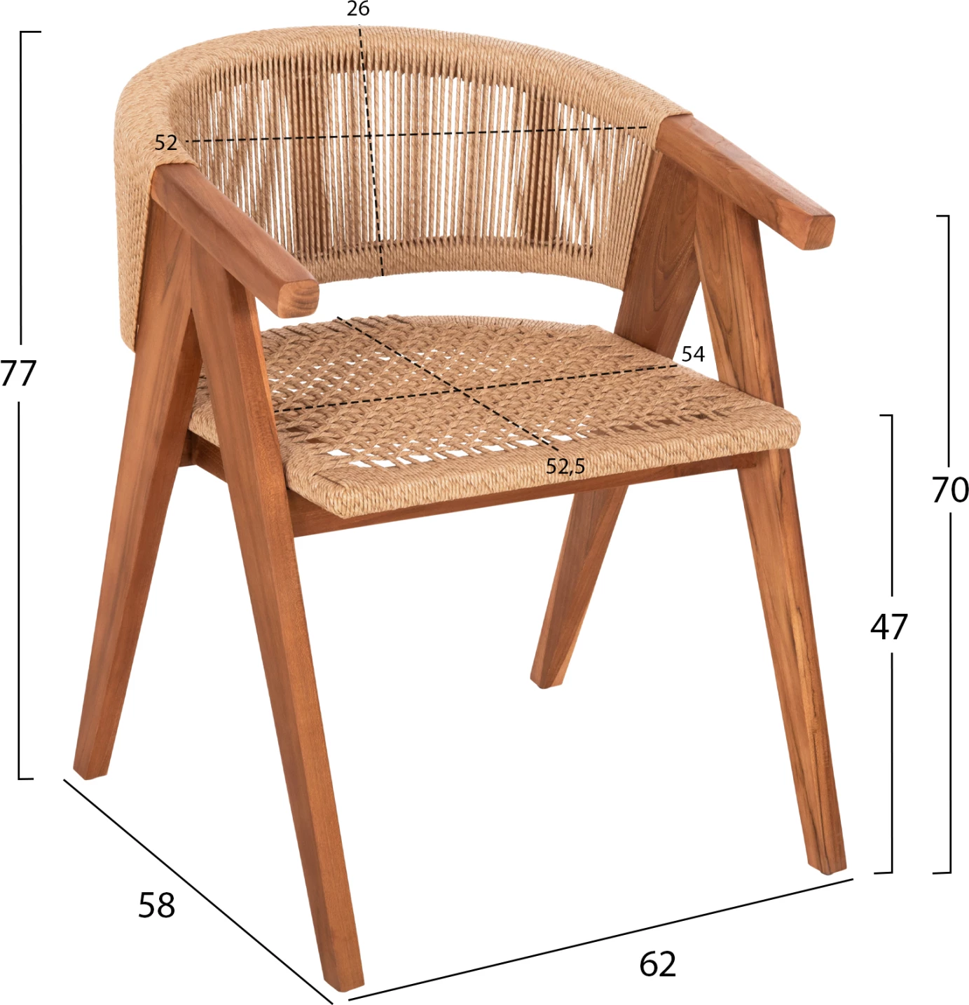 Karrige ngrënieje BRANN, dru tik natyral, litar sintetik, 62x58x77cm