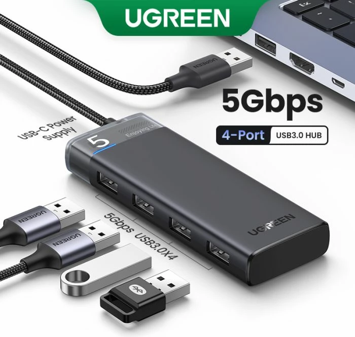 Hub USB, UGREEN, 15548, 4 porta, USB 3.0, 5Gbps, kabllo 20cm, i zi