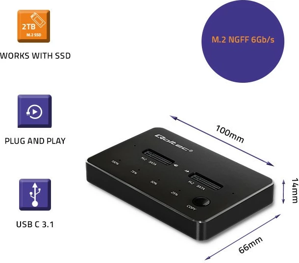 Kasë docking Qoltec 50310 për 2x SSD M.2 SATA NGFF, USB Type C, e zezë