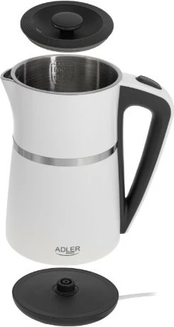 Çajnik elektrik, Adler, AD1355W, 1.7 L, 2200 W, mure të dyfishta, çelik inox brenda, bazë 360°, bardhë-e zezë