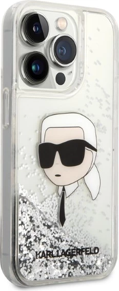 Mbështjellës Karl Lagerfeld Glitter Karl's Head për iPhone 14 Pro Max, argjendtë