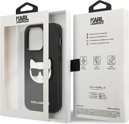 Mbështjellës Karl Lagerfeld KLHCP14LSAPCHK për iPhone 14 Pro 6.1", Saffiano Choupette Head Patch, i zi