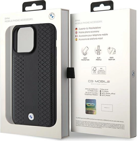 Mbështjellës BMW Leather Diamond Pattern për iPhone 15 Pro, i zi