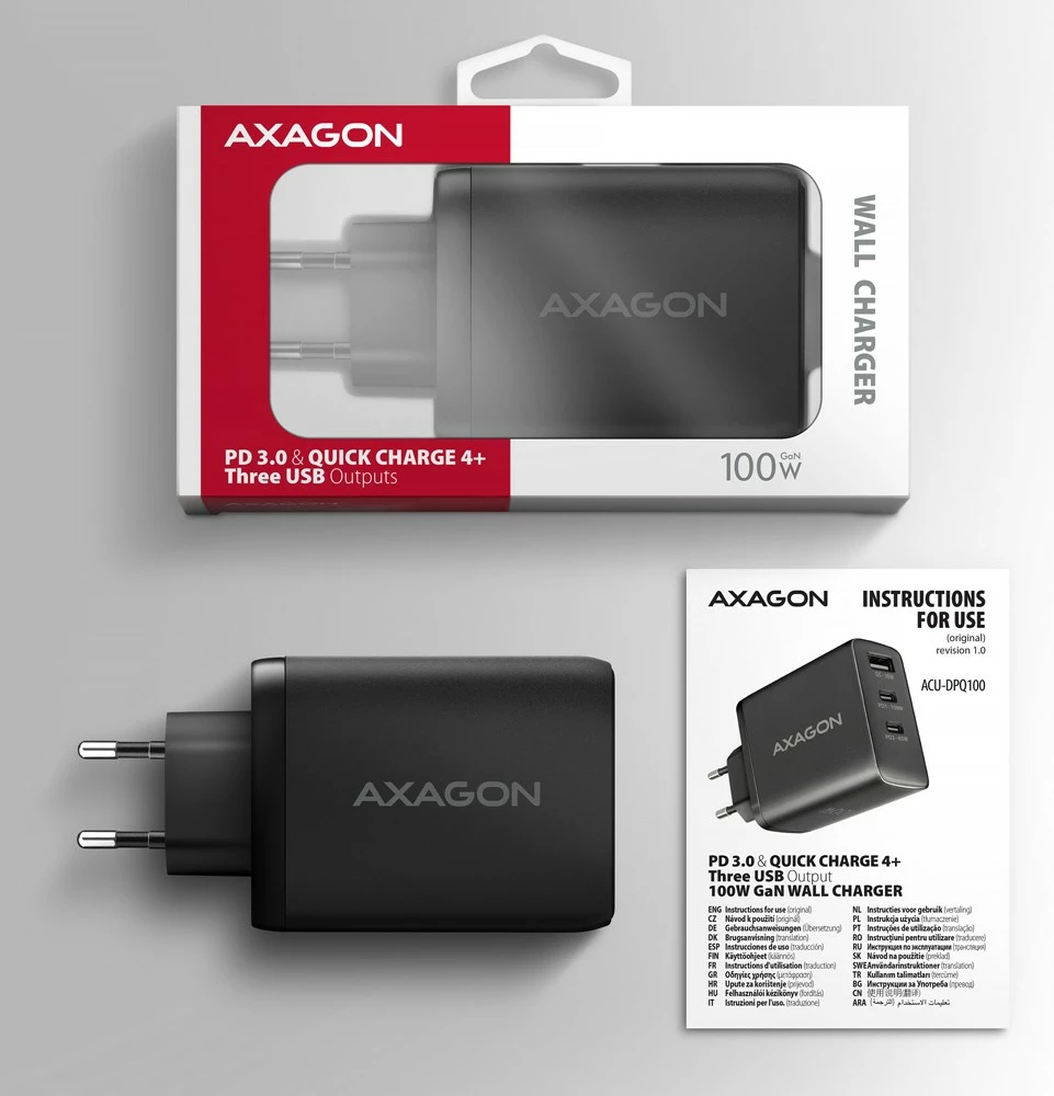 Karikues udhëtimi AXAGON ACU-DPQ100, 100W, 3 porta (USB-A + 2x USB-C), GaN, i zi