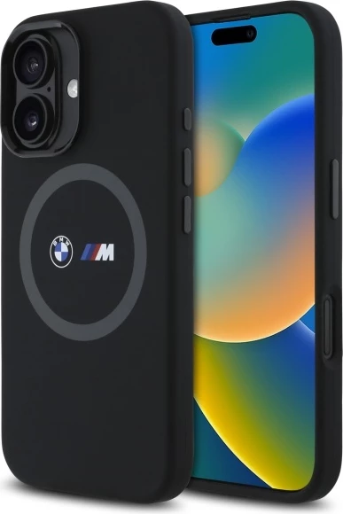 Mbështjellës BMW M për iPhone 16, silikon, MagSafe, i zi