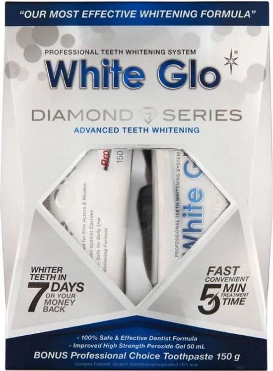 Sistem zbardhje dhëmbësh White Glo Diamond Series, 100ml + 50ml + tabaka