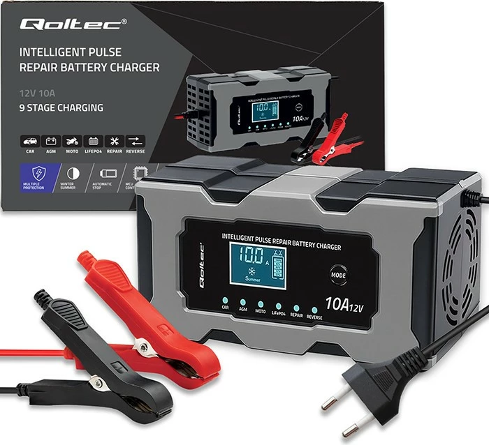Karikues baterie mikroprocesorik, Qoltec 52493, 12V 10A, funksion riparimi, për AGM/GEL/LiFePO4, LCD, zi/gri