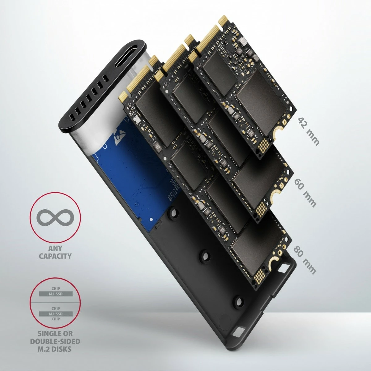 Kasë e jashtme AXAGON EEM2-SG2 për SSD M.2 NVMe & SATA, USB-C 3.2 Gen 2, Alumini, Argjendtë