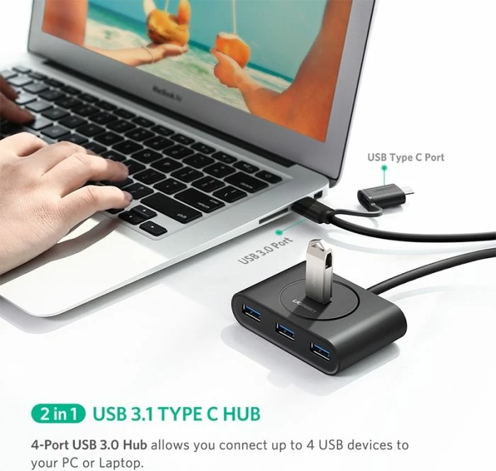 USB 3.0 hub, UGREEN 40850, 4x USB-A, me adapter USB-C 3.1 OTG, kabllo 1m, i zi, në kuti